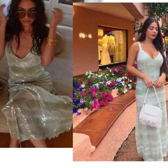 Caroline Constas Dress Midi Slip in Mint Green Ombre Sequins Nwt - Picture 2 of 4